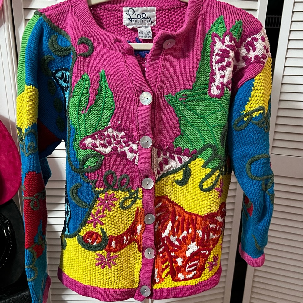 Vintage White Label Lilly Pulitzer Pink and Green Cardigan Sweater